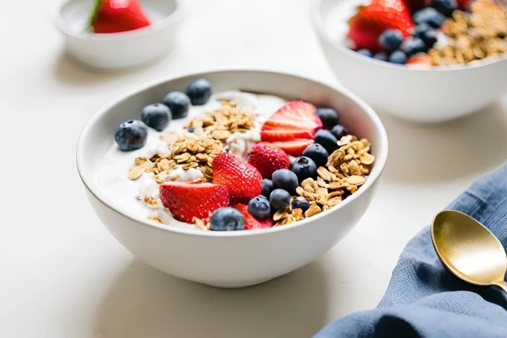 Coconut yogurt in a bowl with fresh fruit topping