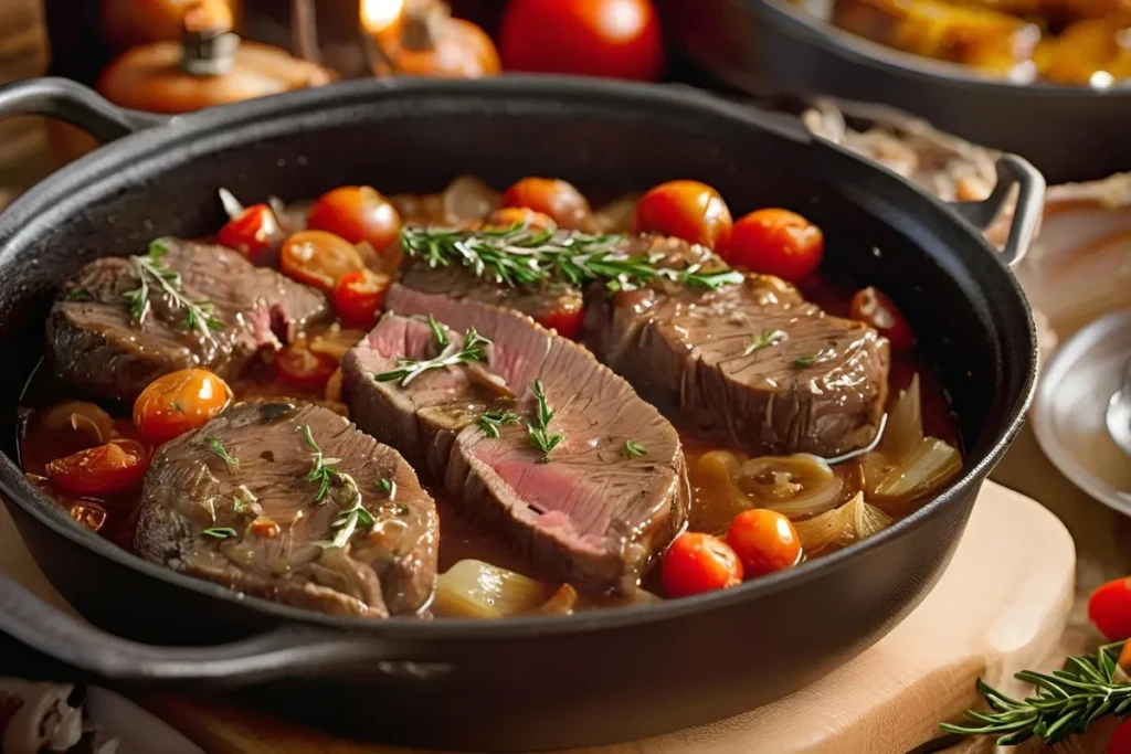 "Braised round steak in Dutch oven"	