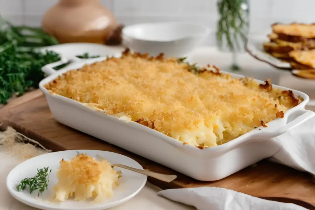 "Au gratin potatoes with crispy topping"	