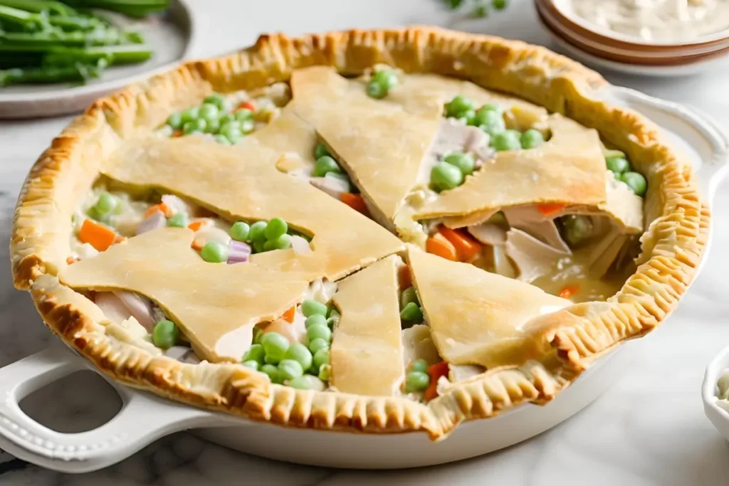 Chicken pot pie filled with creamy sauce	