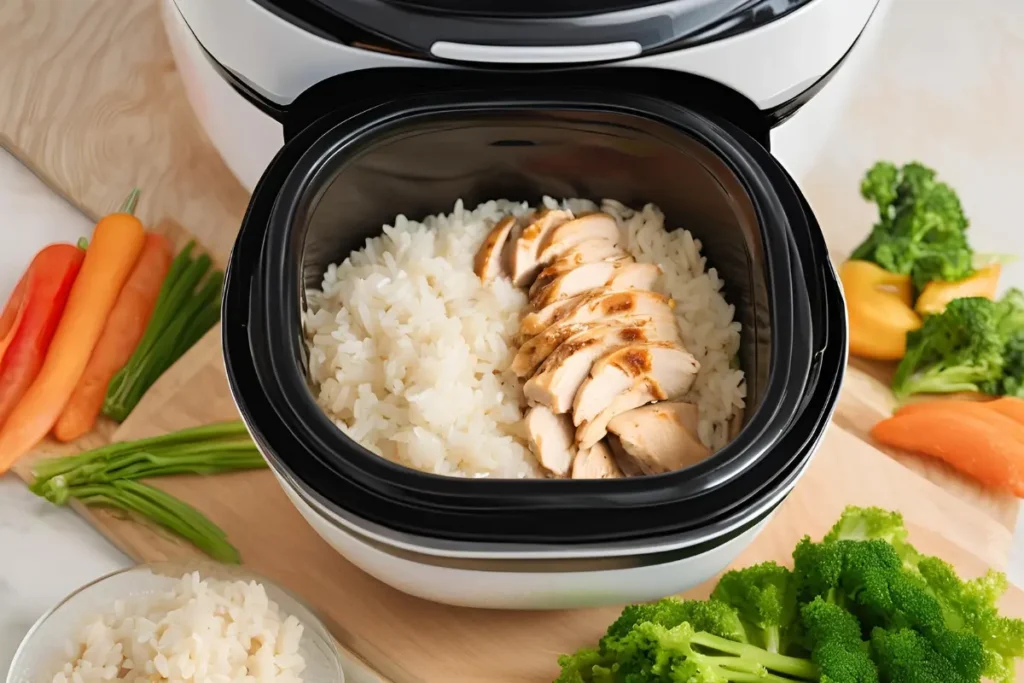 Chicken and rice meal in a rice cooker	