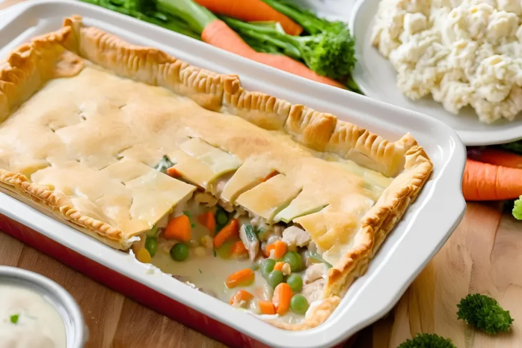 Chicken pot pie plated with sauce	