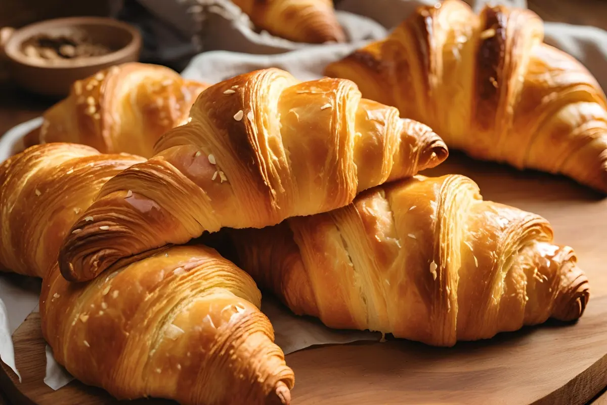 "Flaky croissants on a wooden board"