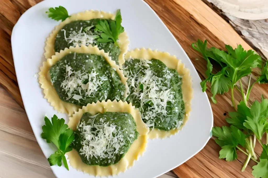 "Spinach ravioli on a plate"