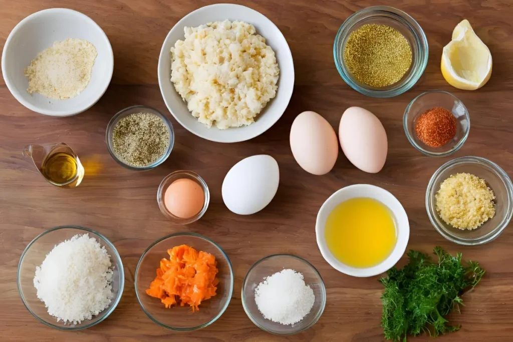 Salmon patty ingredients display	