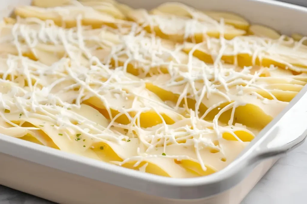 "Layered scalloped potatoes ready to bake"	