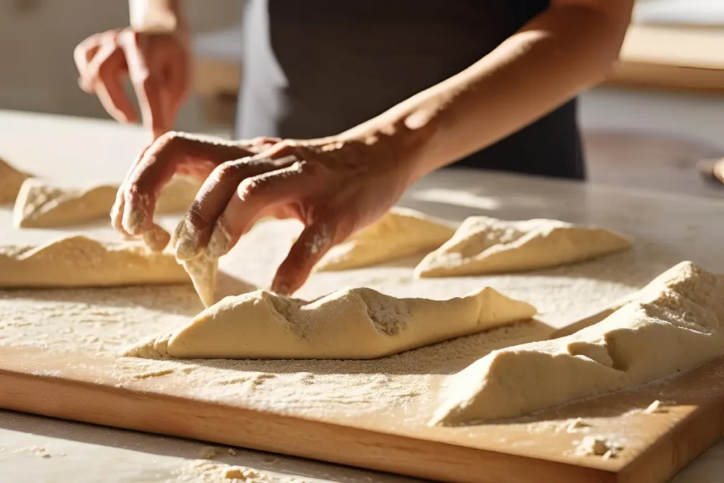 "Shaping dough triangles for Gipfeli"	