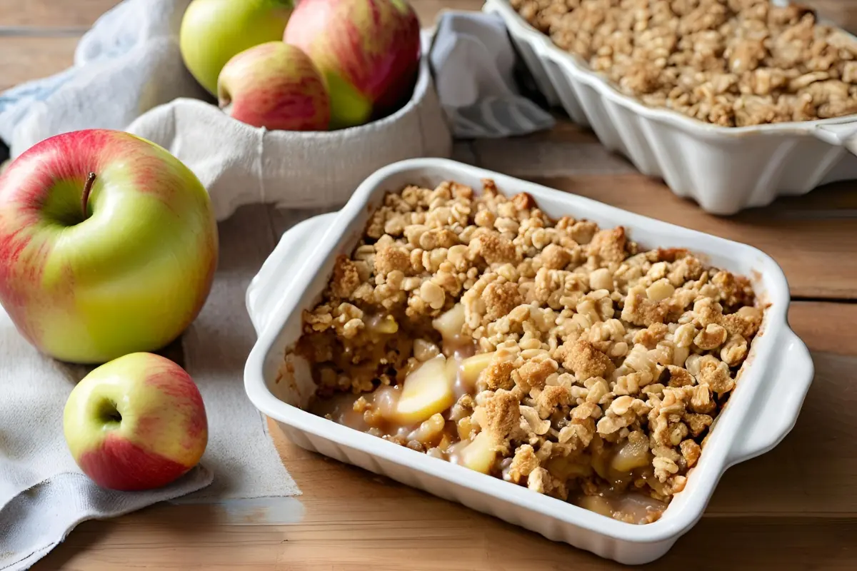 A close-up of an apple crumble with a golden, buttery topping, bubbling apple filling at the edges, served in a rectangular glass baking dish, placed on a kitchen counter with utensils nearby.