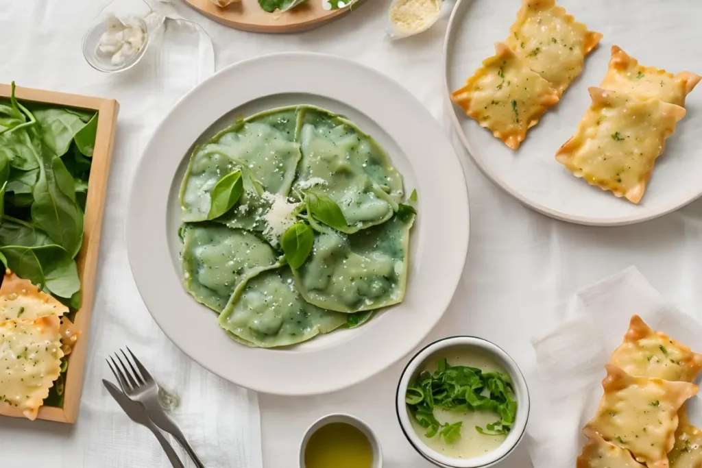 "Spinach ravioli variations with sides"	