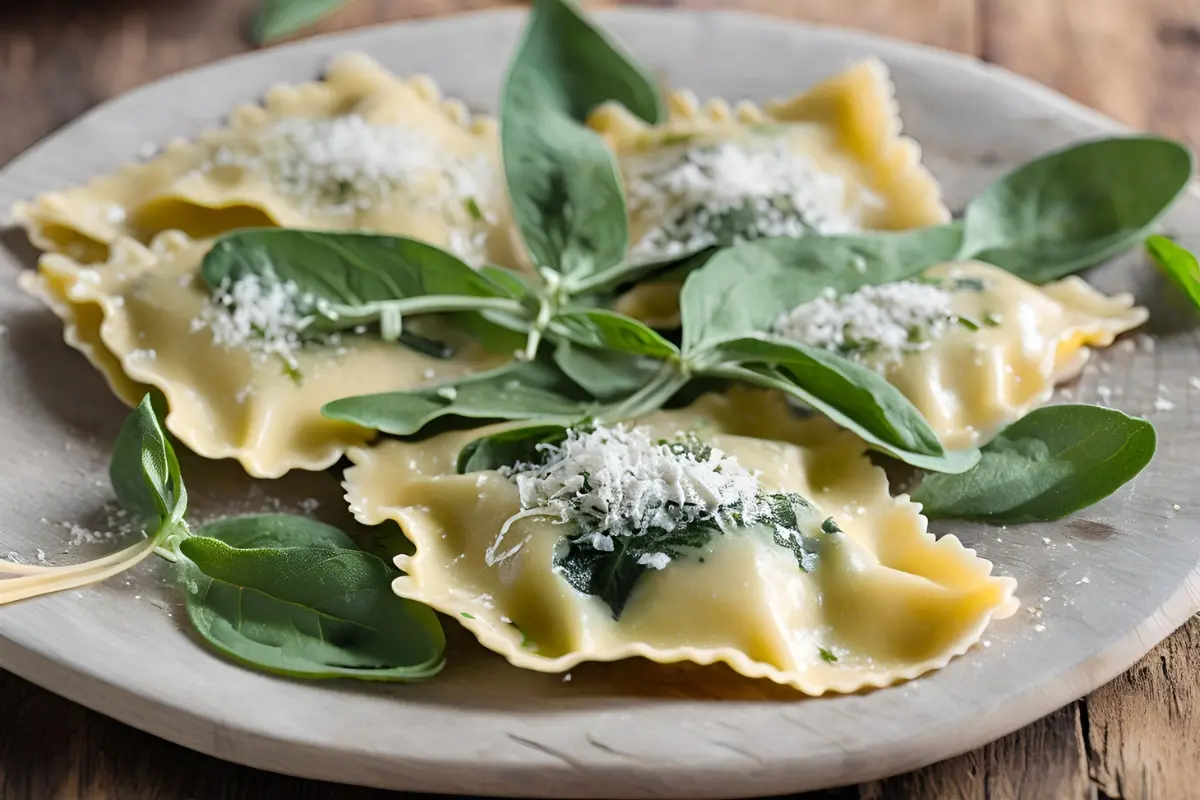 "Spinach ravioli with sage butter sauce"