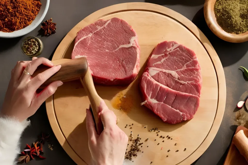 "Tenderizing round steak with mallet"	