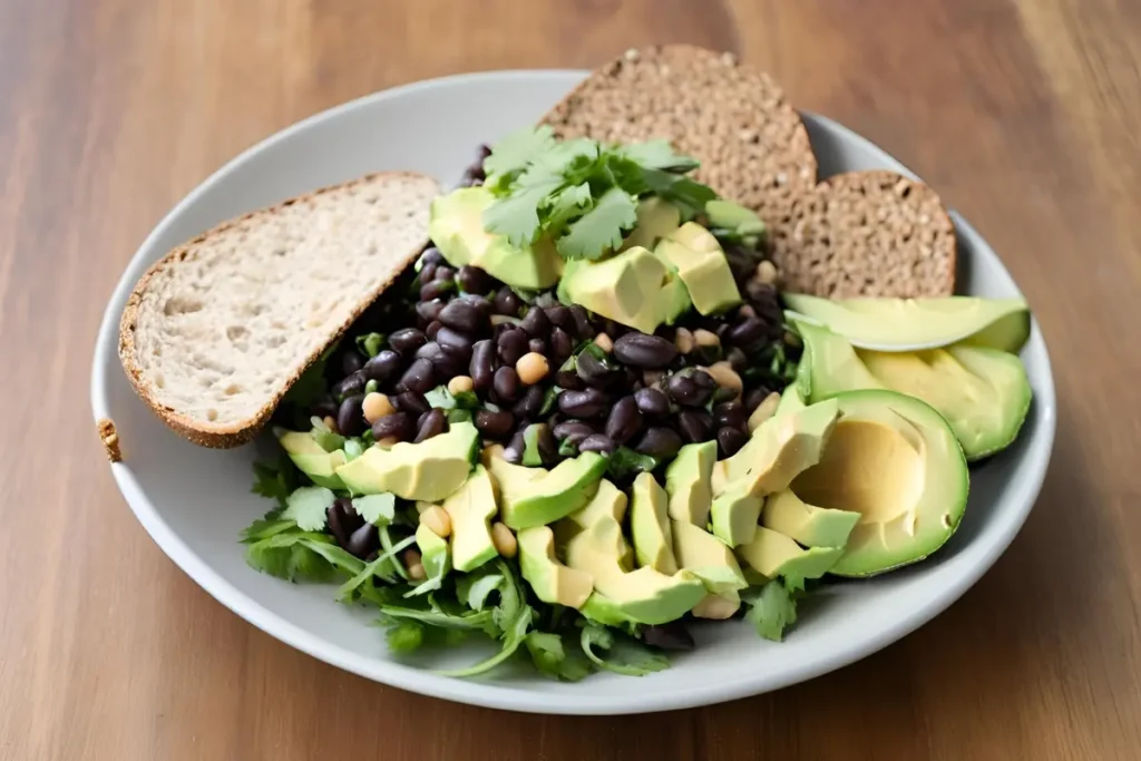 Plated healthy bean salad with toppings	