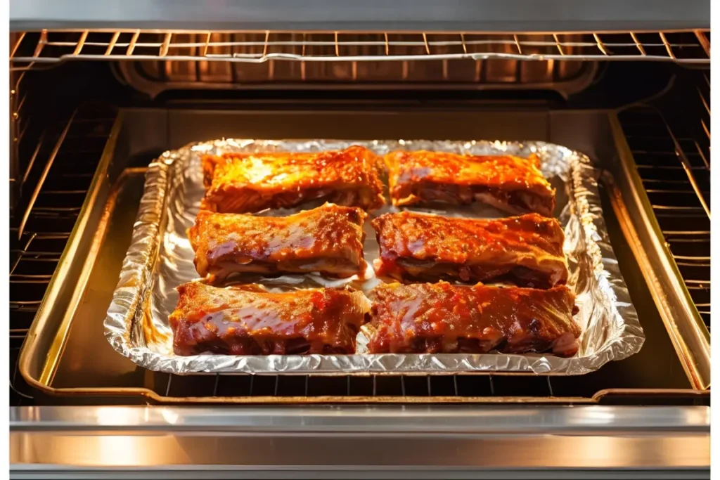 Back ribs being baked in the oven	