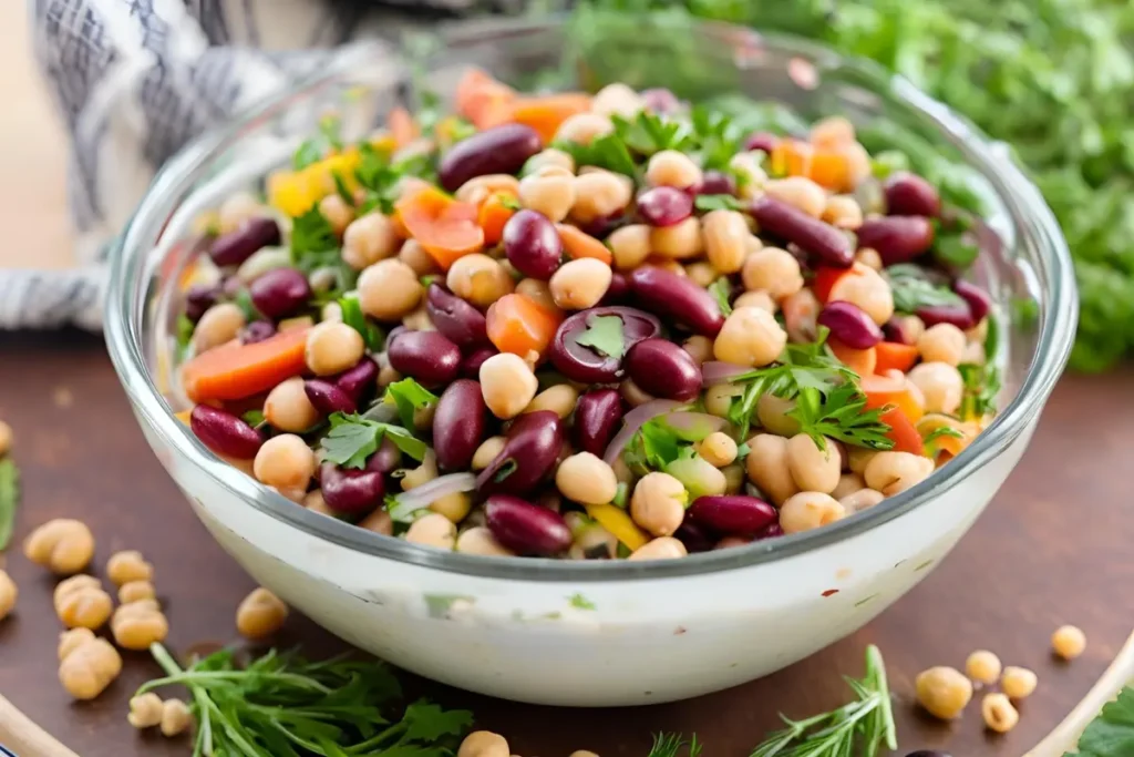 Canned bean salad with fresh vegetables