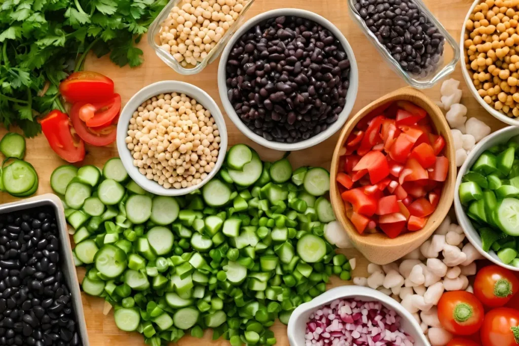 Mixed beans and fresh veggies close-up	