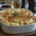 Old fashioned baked macaroni and cheese in a dish