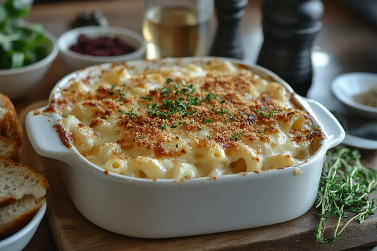 Old fashioned baked macaroni and cheese in a dish