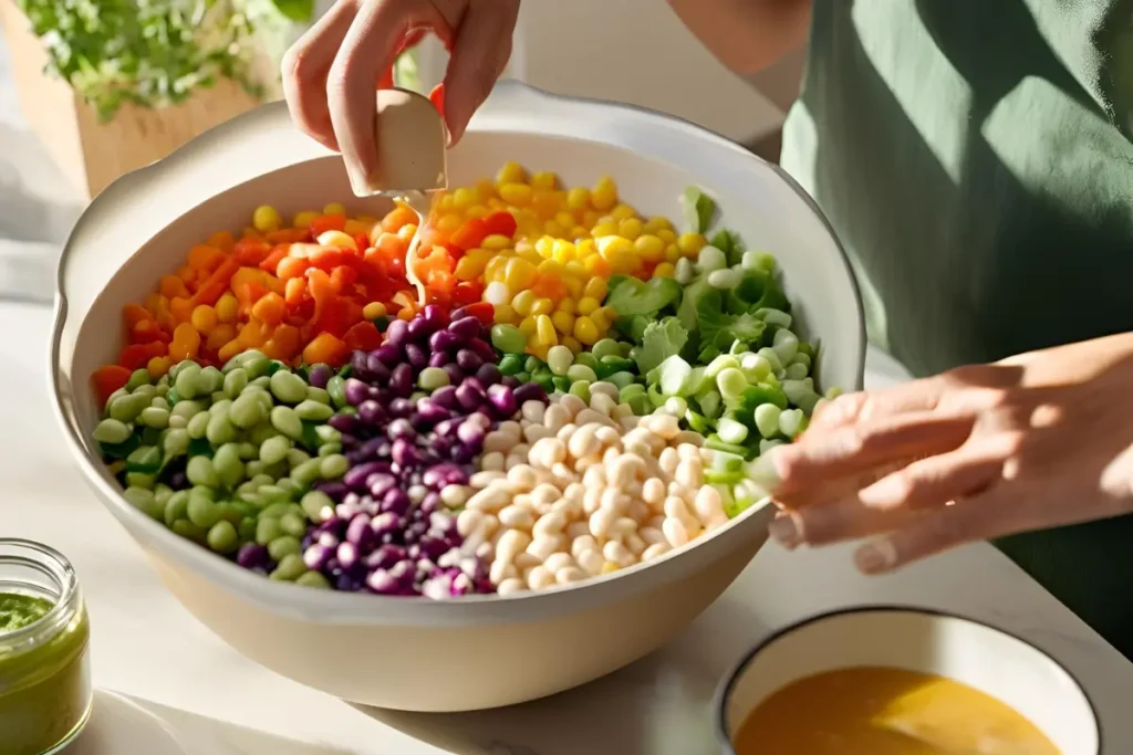 Preparing homemade canned bean salad	