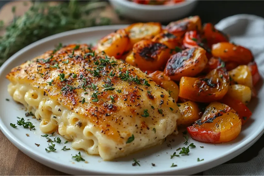 Baked mac and cheese plated with roasted vegetables