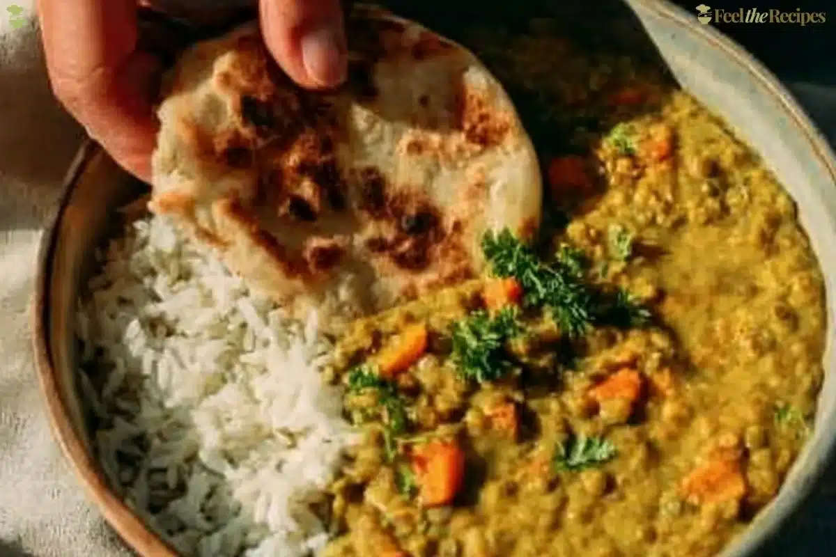 A bowl of Indian green lentil dal garnished with cilantro, showcasing the dish's vibrant colors.