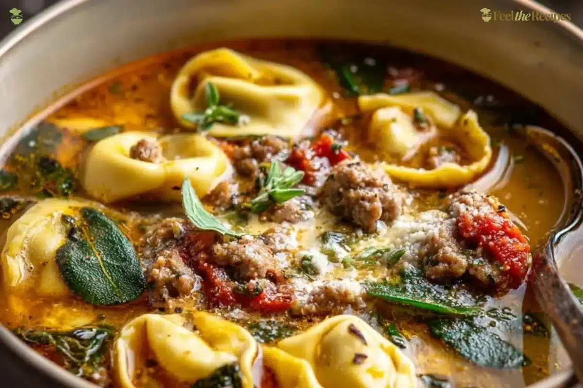 Bowl of Autumn Tortellini Soup with Sausage, garnished with herbs.
