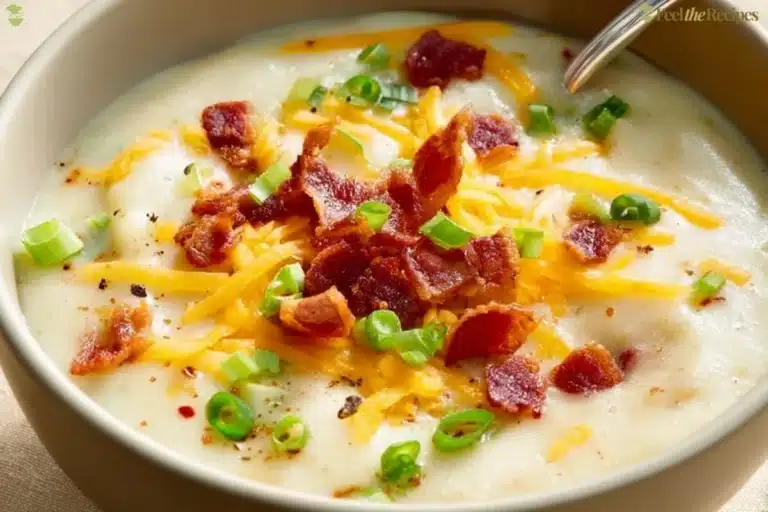 A bowl of creamy baked potato soup topped with chives and cheddar cheese.