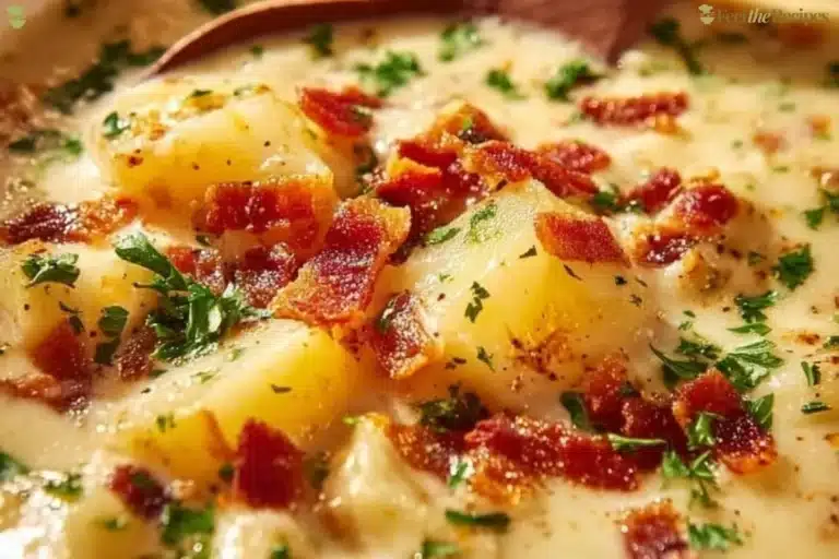 Bowl of creamy baked potato soup topped with cheese and green onions