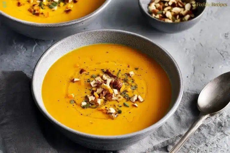 Creamy butternut squash bisque in a bowl garnished with herbs