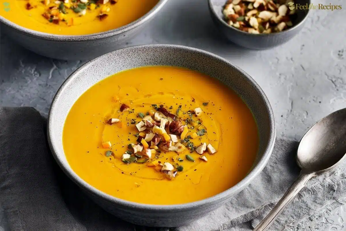 Creamy butternut squash bisque in a bowl garnished with herbs