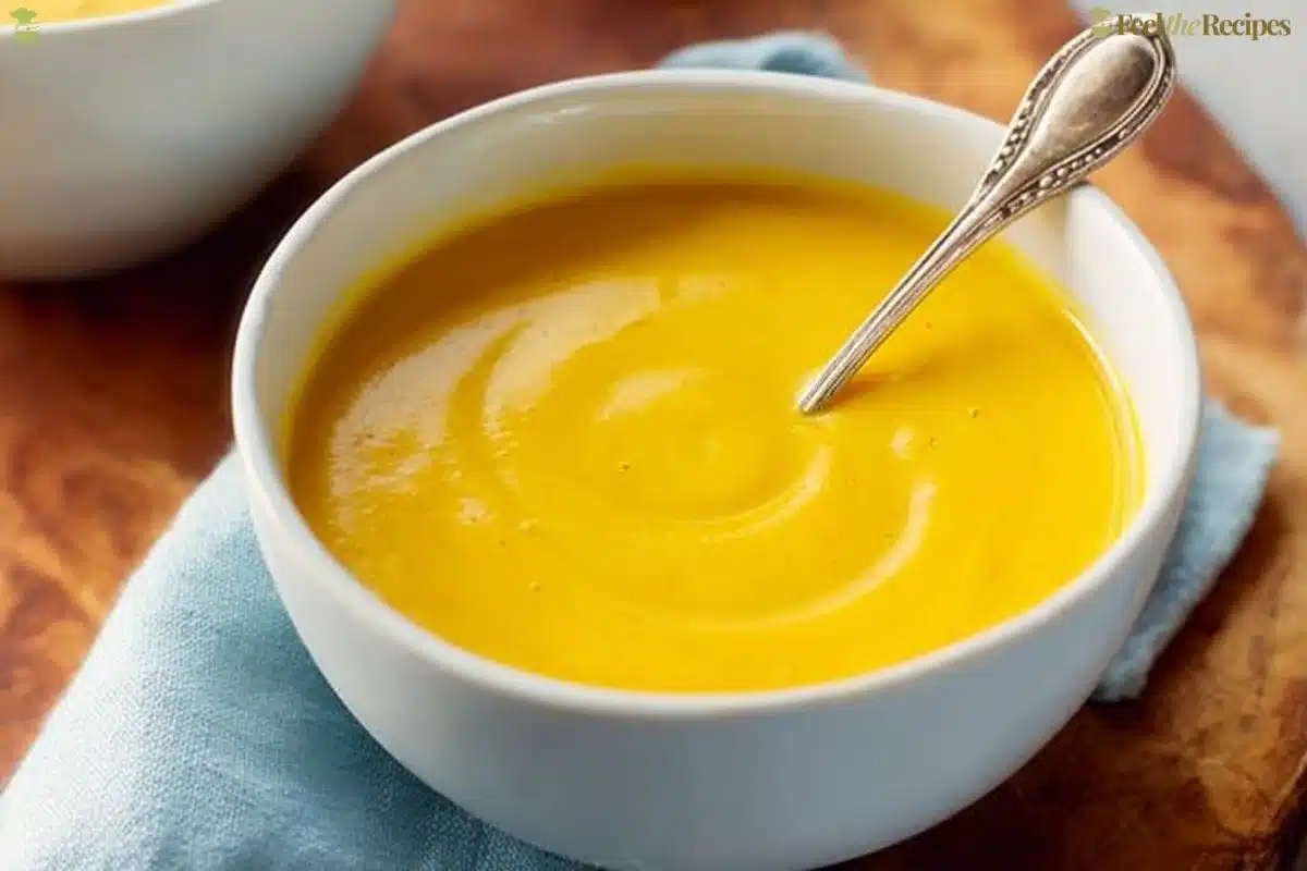 Warm bowl of butternut squash soup topped with herbs and cream
