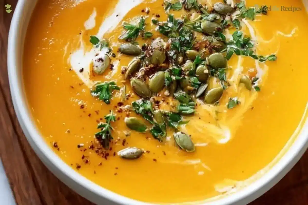 Bowl of creamy butternut squash soup garnished with herbs