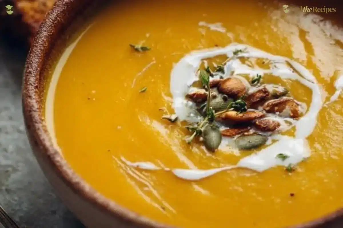 Bowl of creamy butternut squash soup garnished with herbs