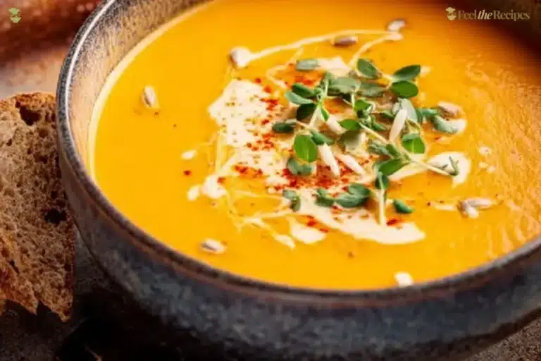Bowl of Carrot, Ginger and Coconut Soup garnished with herbs
