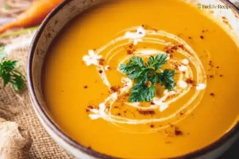 A bowl of vibrant carrot ginger soup garnished with herbs