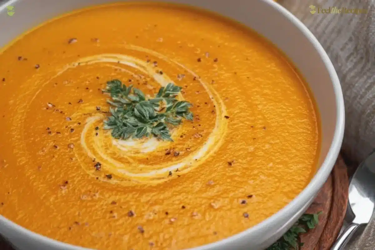 Bowl of Carrot Orange Ginger Soup garnished with herbs and served with crusty bread.