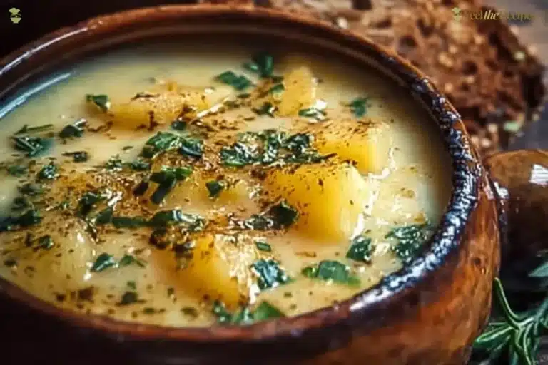 Bowl of creamy cheddar garlic herb potato soup garnished with herbs