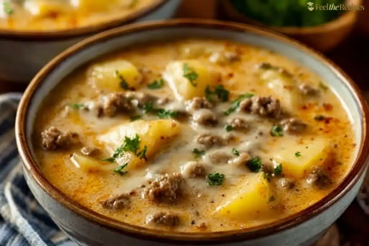 Delicious bowl of cheesy hamburger potato soup topped with herbs