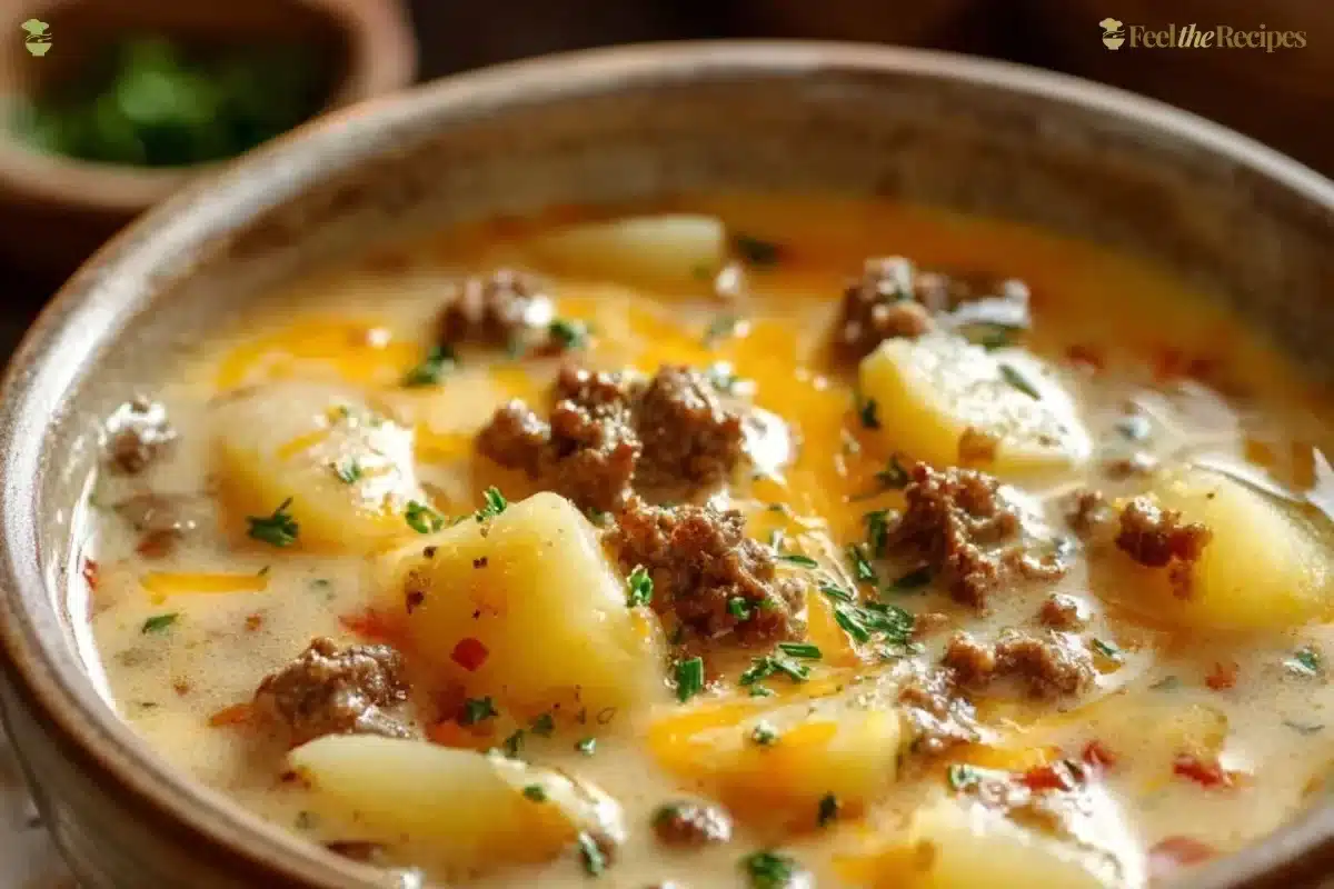 Delicious bowl of cheesy hamburger potato soup garnished with herbs.