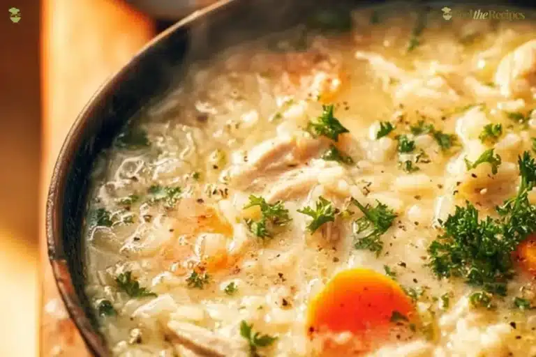 Bowl of Chicken Rice Soup with fresh herbs and vegetables