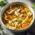 Bowl of homemade chicken noodle soup with fresh vegetables and herbs