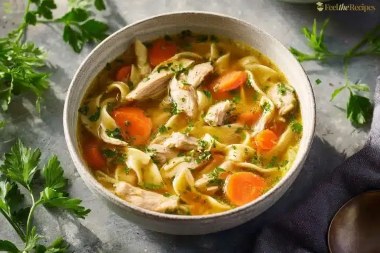 Bowl of homemade chicken noodle soup with fresh vegetables and herbs