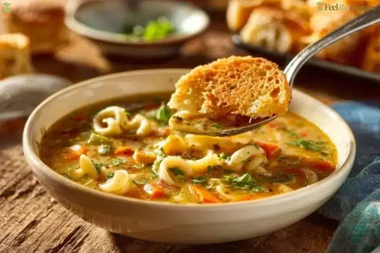 Bowl of Chicken Pot Pie Soup with vegetables and flaky crust