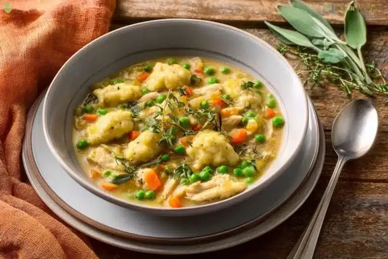 Bowl of Chicken Pot Pie Soup with Gnocchi garnished with fresh herbs