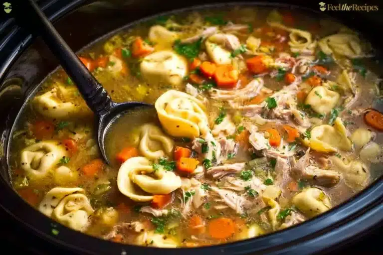 Bowl of Chicken Pot Pie Soup with Tortellini, topped with fresh herbs