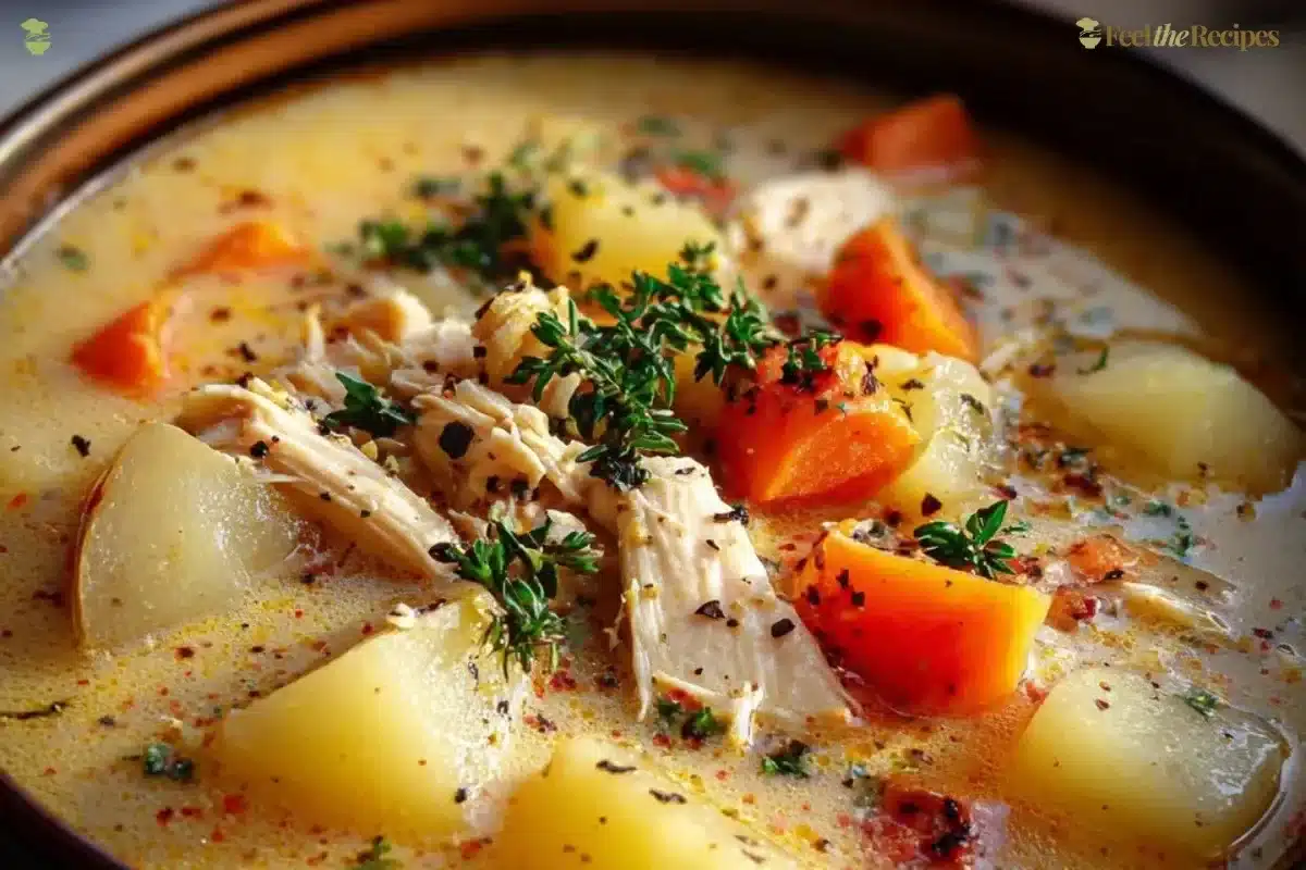 Bowl of homemade chicken potato soup garnished with herbs and served hot