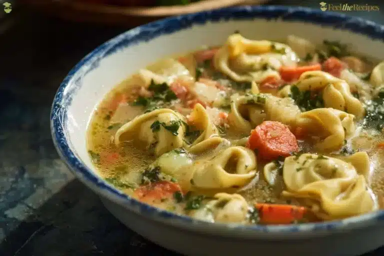 Bowl of Chicken Tortellini soup featuring chicken, tortellini, and herbs