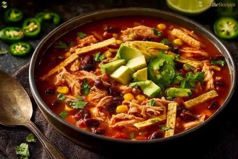 Bowl of Chicken Tortilla Soup garnished with tortilla strips and cilantro