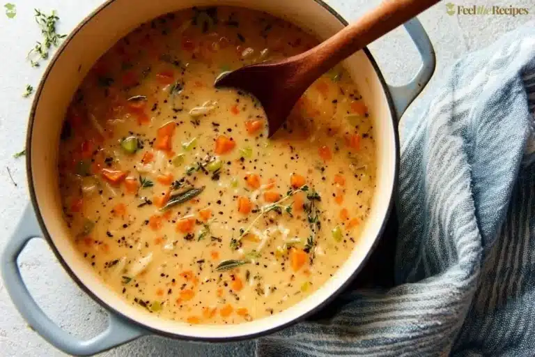 Bowl of delicious homemade Chicken Wild Rice Soup with fresh herbs