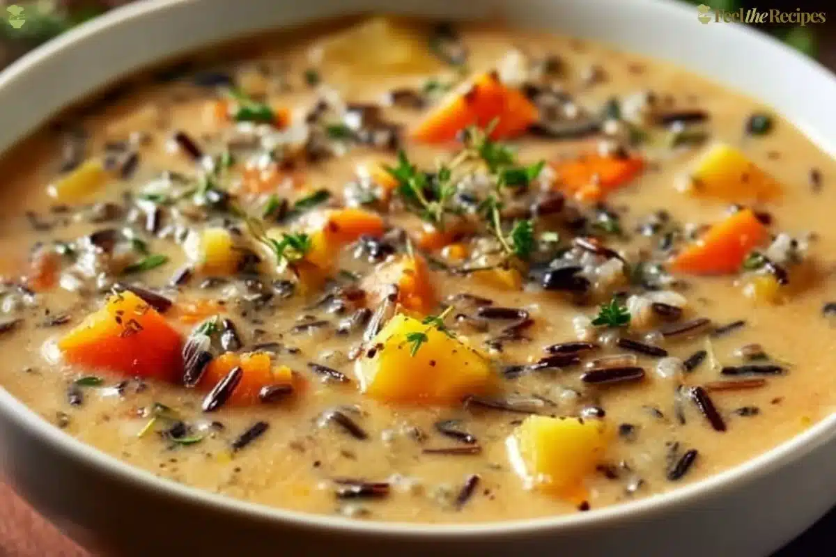 Bowl of cozy autumn wild rice soup garnished with herbs.
