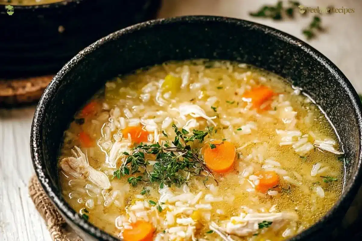 Bowl of cozy, comforting chicken rice soup garnished with herbs